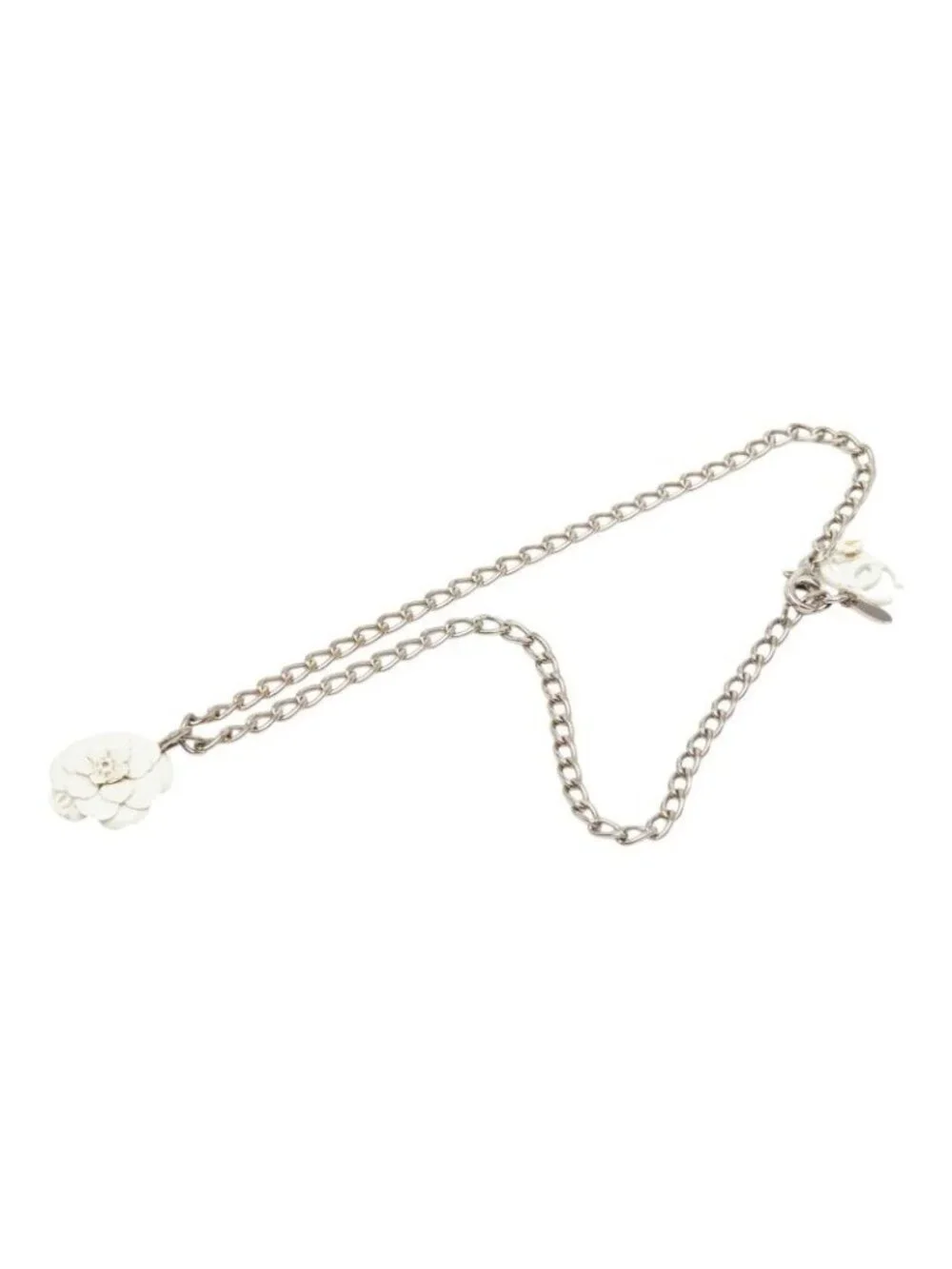 Chanel CC Logo Camellia Motif Necklace Silver White Metal